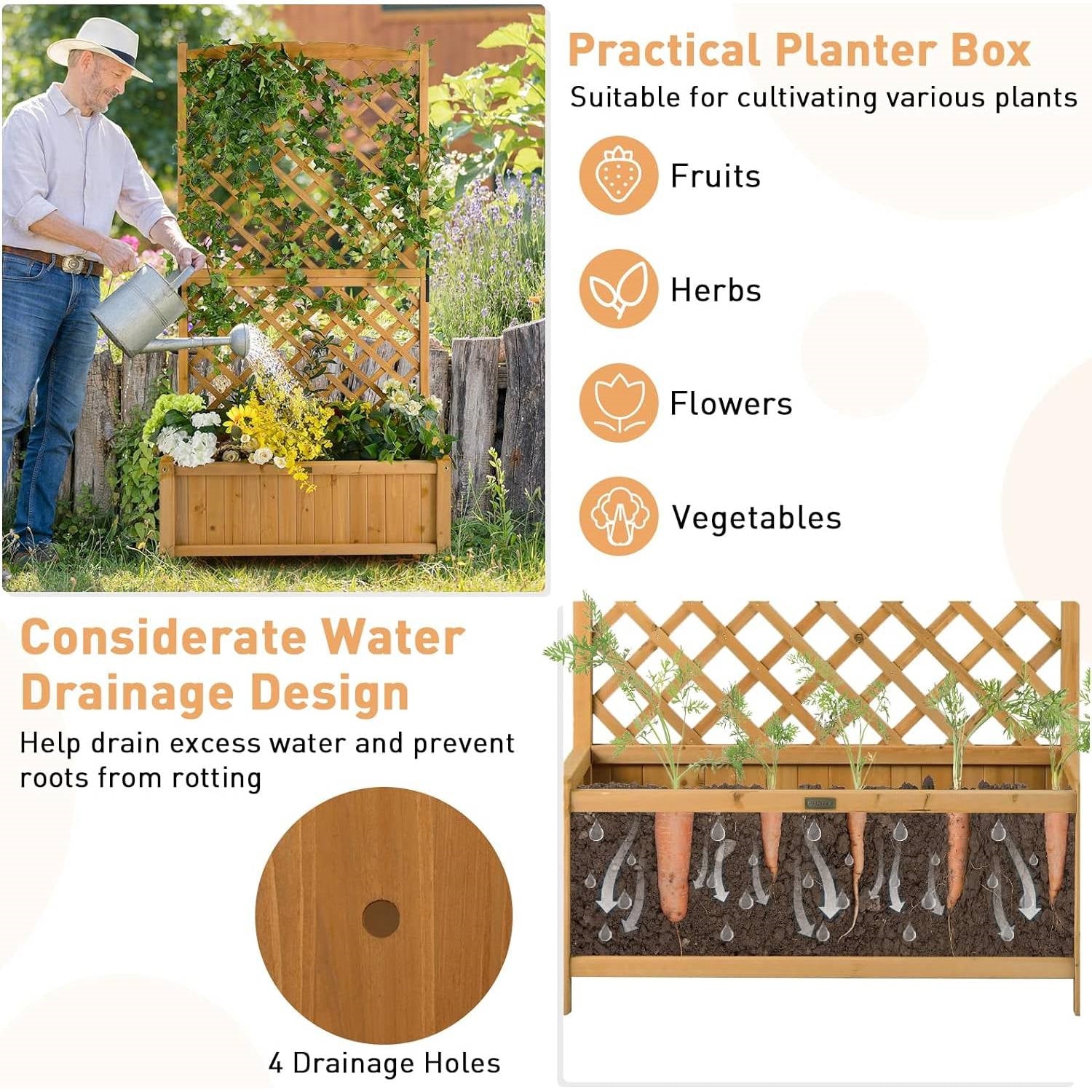 Fast Furnishings Outdoor Fir Wood Raised Garden Bed Planter Box with 71-inch High Trellis