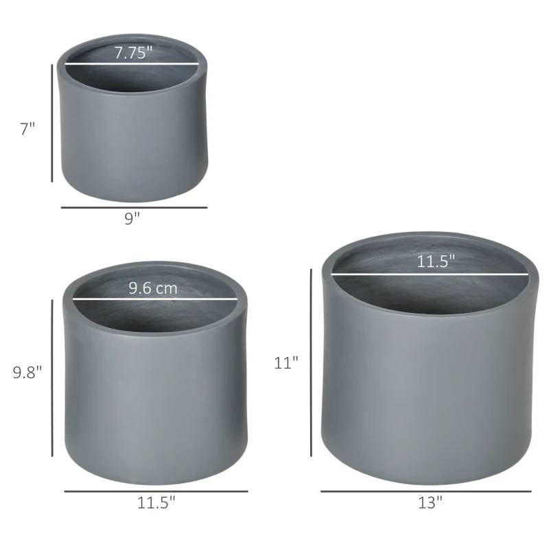 Fast Furnishings Set of 3 Stackable Round Outdoor Flower Pot Planters with Drainage Holes in Grey