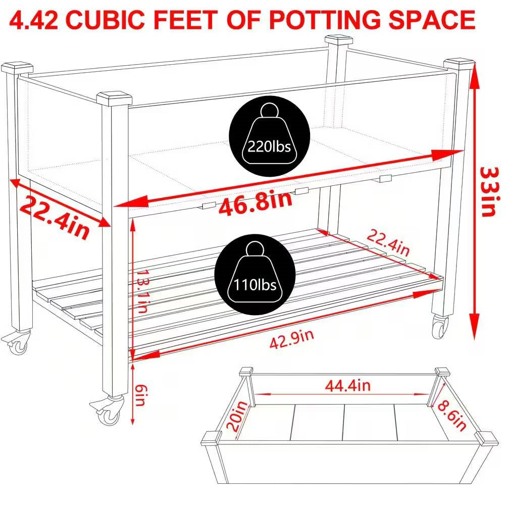 Fast Furnishings Outdoor Wood Raised Garden Bed Planter Box Cart on Wheels 46-inch x 22-inch