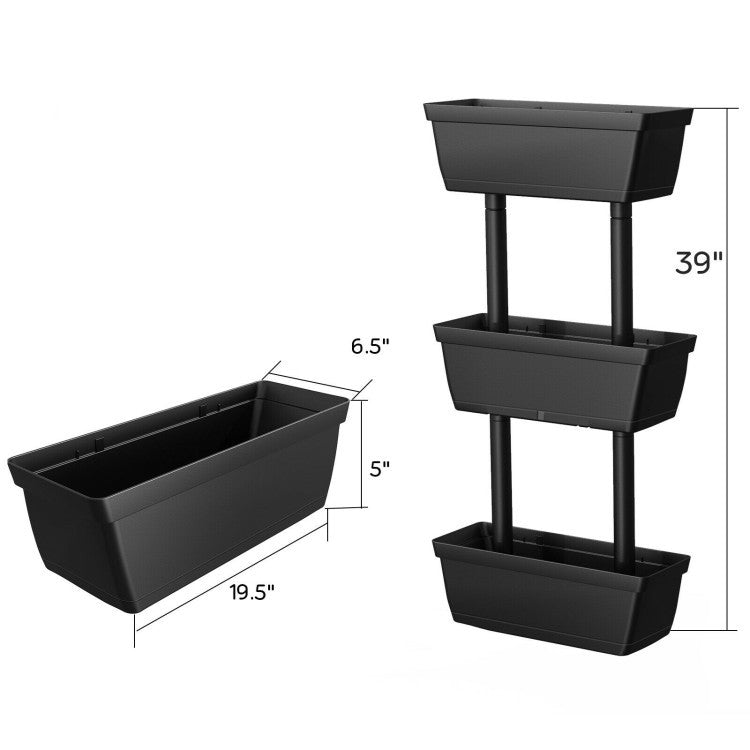 Fast Furnishings Modern Vertical 3-Tier Indoor Outdoor Black PP Raised Garden Bed Planter Box