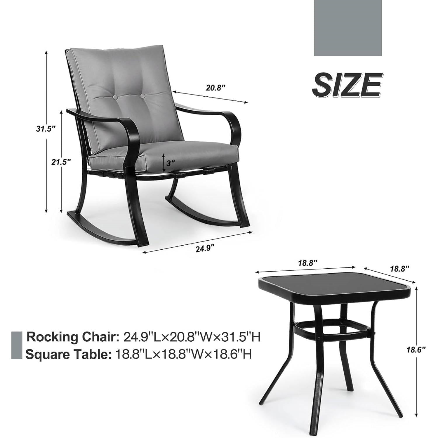 Fast Furnishings Outdoor 3-Piece Patio Furniture Table Rocking Chairs Set with Grey Cushions