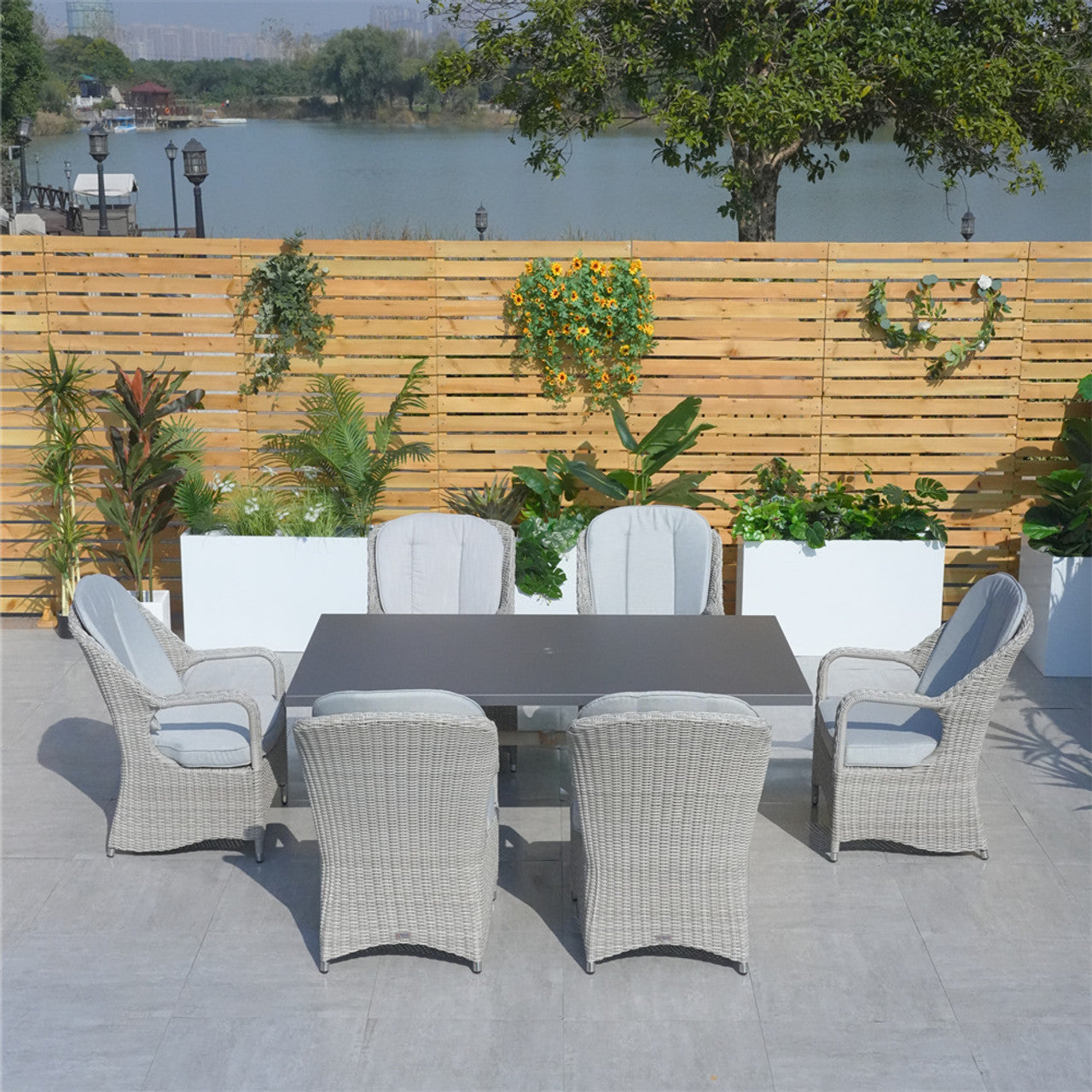 Direct Wicker Outdoor Dining Set Aluminum Table with 6 Rattan Chairs in Gray