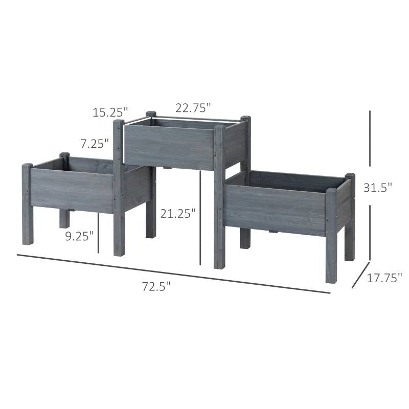 Fast Furnishings 3 Grey Wood Elevated Planter Set Vegetable Herb Flowers Raised Garden Beds