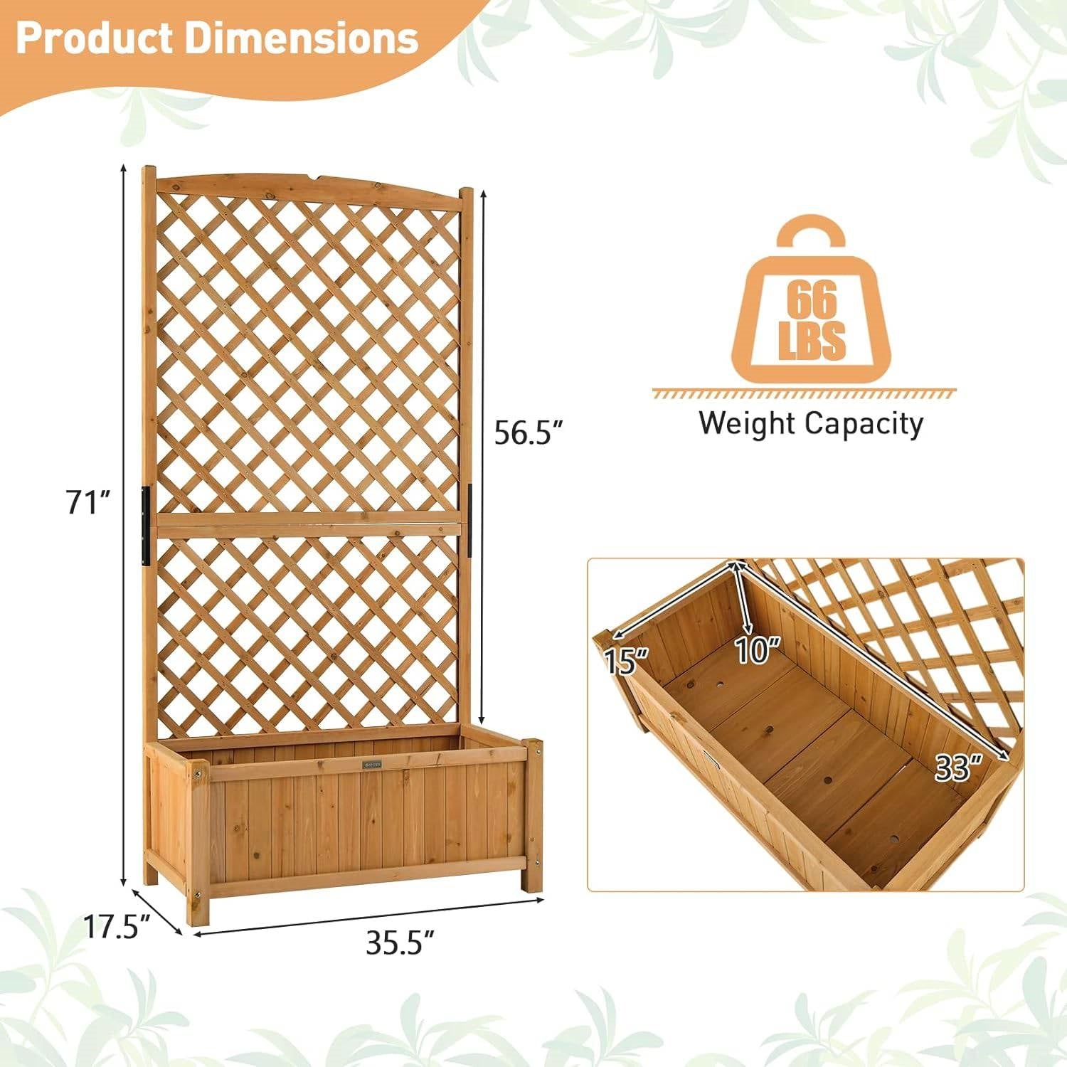 Fast Furnishings Outdoor Fir Wood Raised Garden Bed Planter Box with 71-inch High Trellis