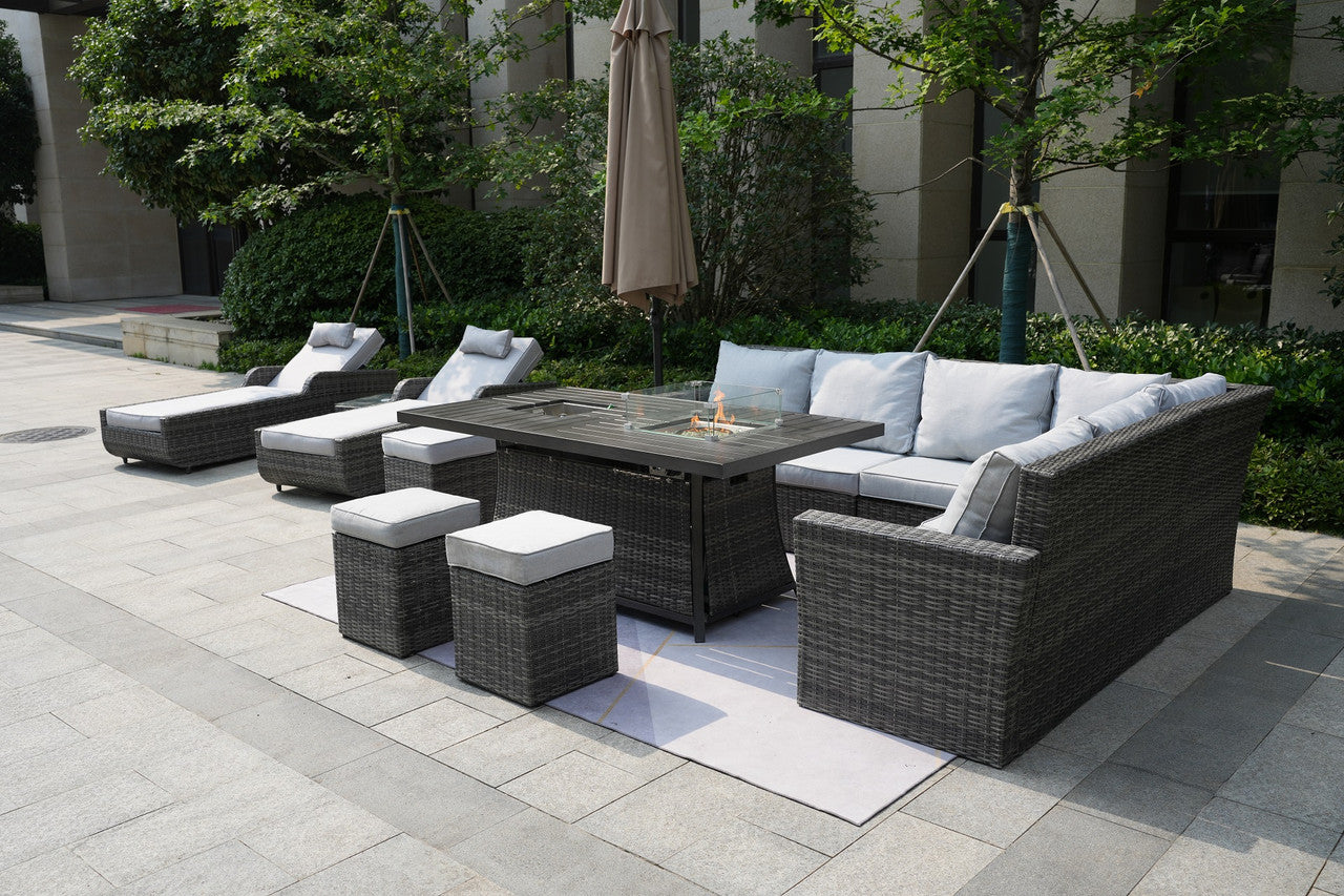 Direct Wicker Patio Gray Rattan Wicker Rectangular Firepit with Ice Table Set