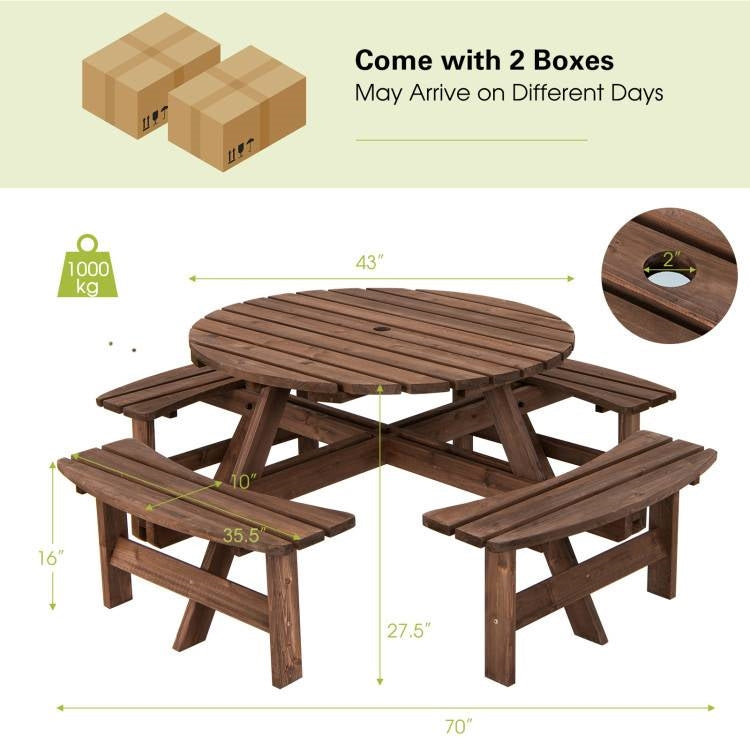 Fast Furnishings 8-Set Outdoor Solid Wood Round Picnic Table with 4 Benches Patio Garden Dining Set