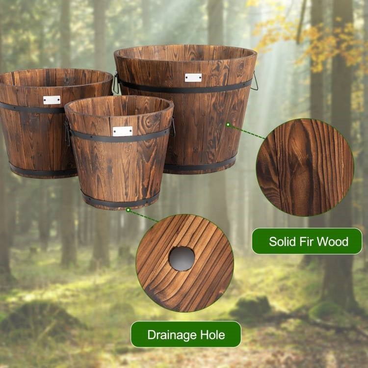 Fast Furnishings Set of 3 Outdoor Wooden Barrel Planter Pots with Handles 11.5, 15, and 18 inch