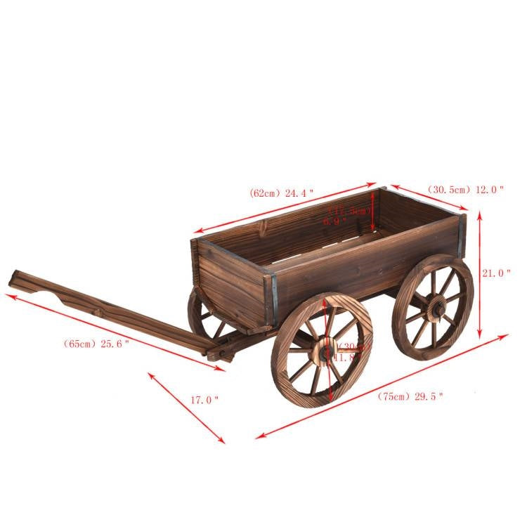 Fast Furnishings Outdoor Garden Fir Wood Barrel Planter Wagon on Wooden Wheels