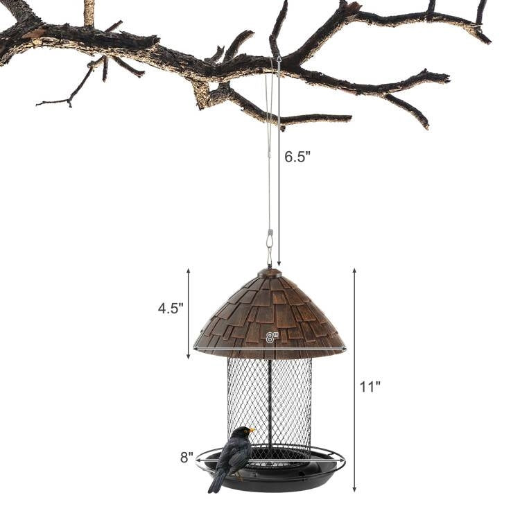 Fast Furnishings Outdoor Metal Mesh Tube Bird Feeder with Perch and Roof - Squirrel-Resistant