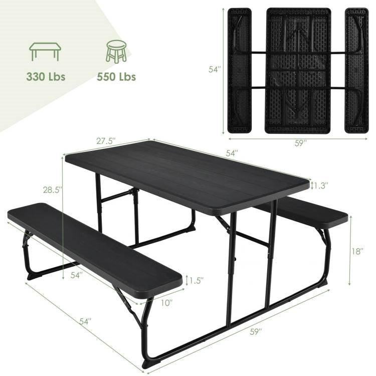 Fast Furnishings Folding Picnic Table with 2 Benches Outdoor Patio Dining Set in Black