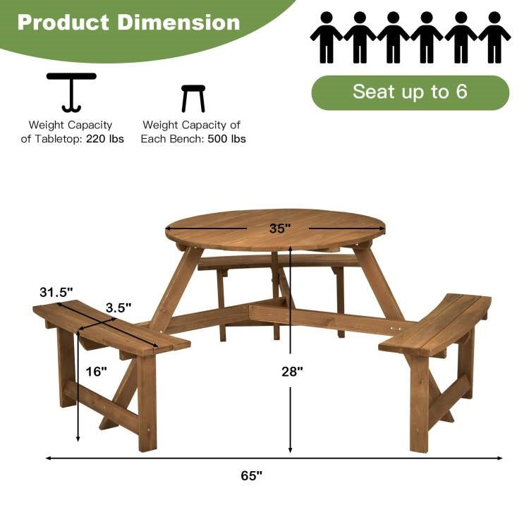 Fast Furnishings Outdoor Solid Wood Round Picnic Table Set with Umbrella Hole and 3 Benches