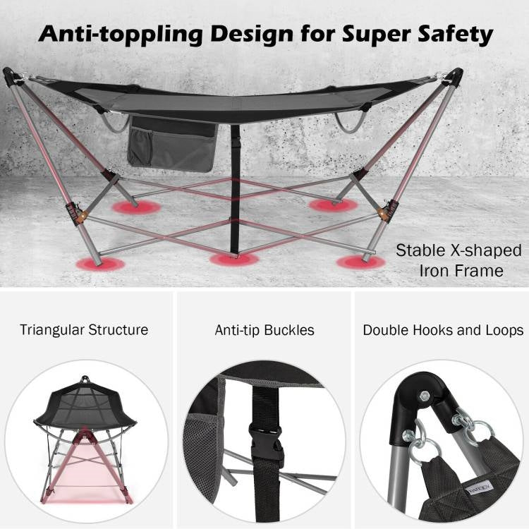 Fast Furnishings Black Portable Camping Foldable Hammock with Stand and Carry Case