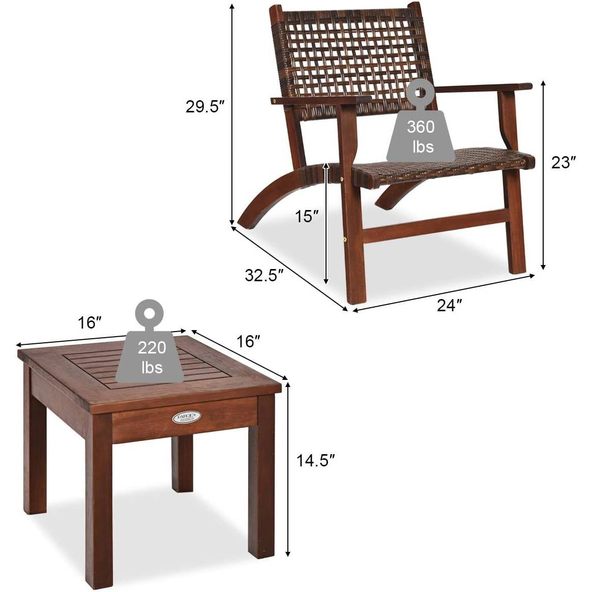 Fast Furnishings Solid Wood and Rattan 3-Piece Outdoor Patio Furniture Table Chairs Set