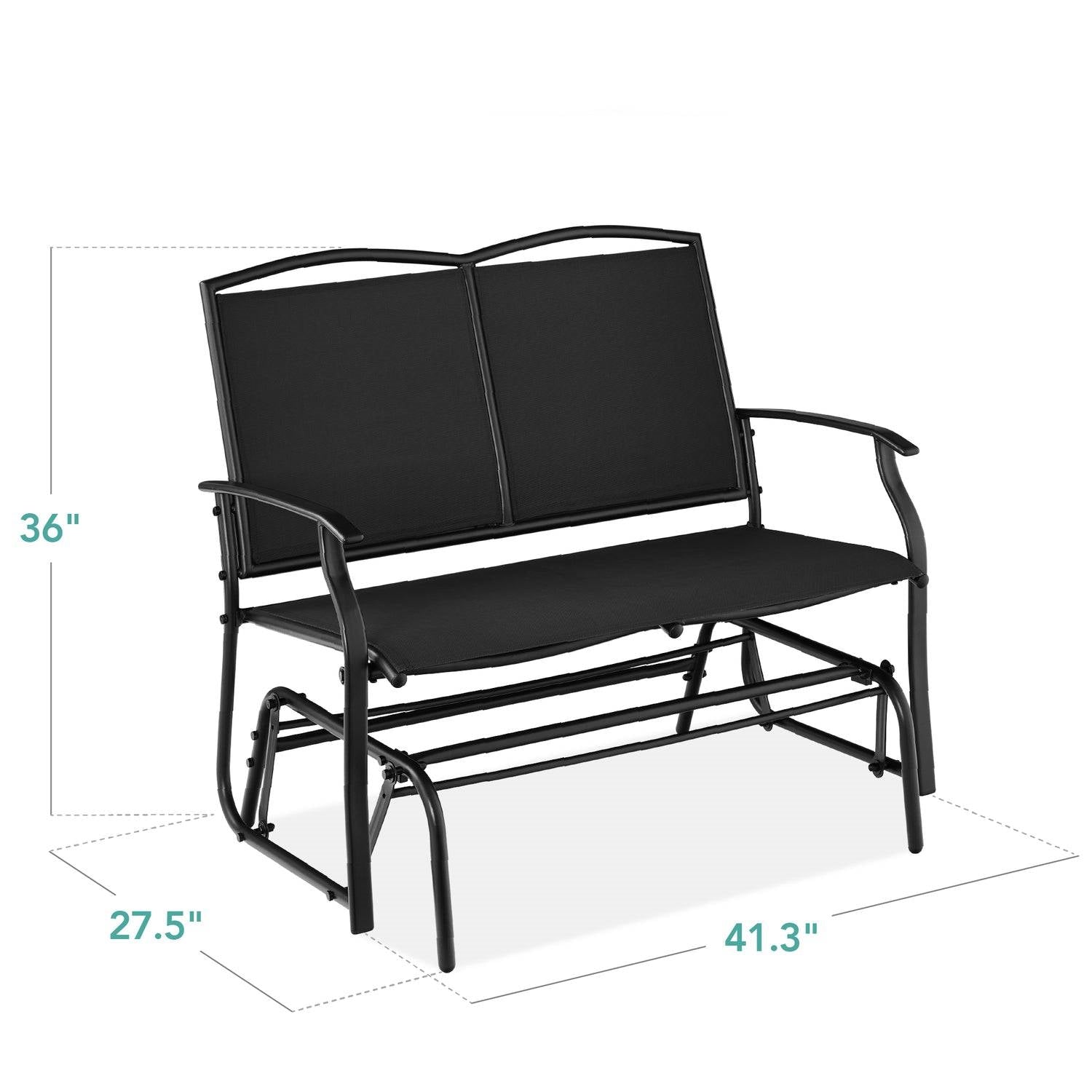 Fast Furnishings 2 Seat Mesh Patio Loveseat Swing Glider Rocker with Armrests in Black