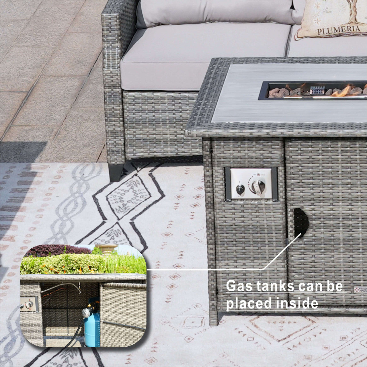 Direct Wicker 5-Piece Outdoor Patio Fire Pit Set Fire Pit Table with Seating Sofas in Gray