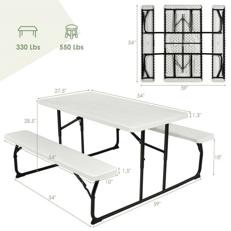 Fast Furnishings Folding White HDPE Picnic Table with 2 Benches Outdoor Patio Furniture Set