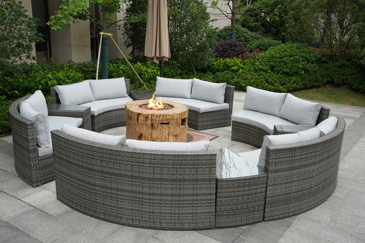 Direct Wicker Patio Half Moon Gray Wicker Seating Set with Round Grain Firepit