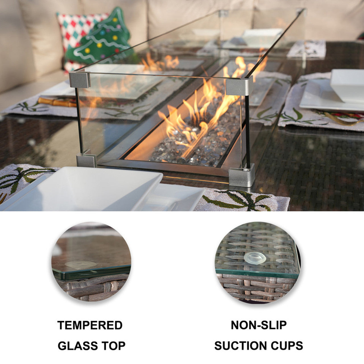 Direct Wicker 8-Piece Rattan Gas Fire Pit Dining Set for Yard