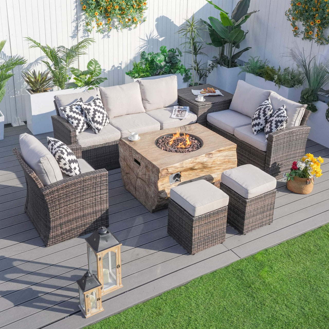 Direct Wicker's Patio Seating Sofa Set with Grain Fire Pit Table for Ultimate Comfort and Style