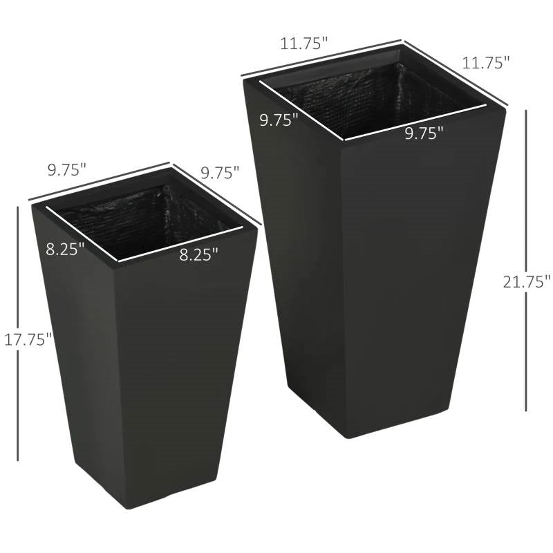 Fast Furnishings Set of 2 Modern Lightweight Black Outdoor Patio Flower Pot Tall Planter Box