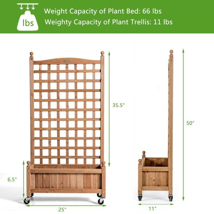 Fast Furnishings Outdoor Solid Wood Raised Garden Bed Mobile Planter Box with Trellis on Wheels