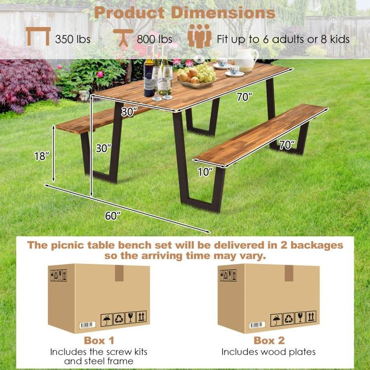 Fast Furnishings Modern Wooden Picnic Table with 2 Benches Outdoor Patio Dining Set