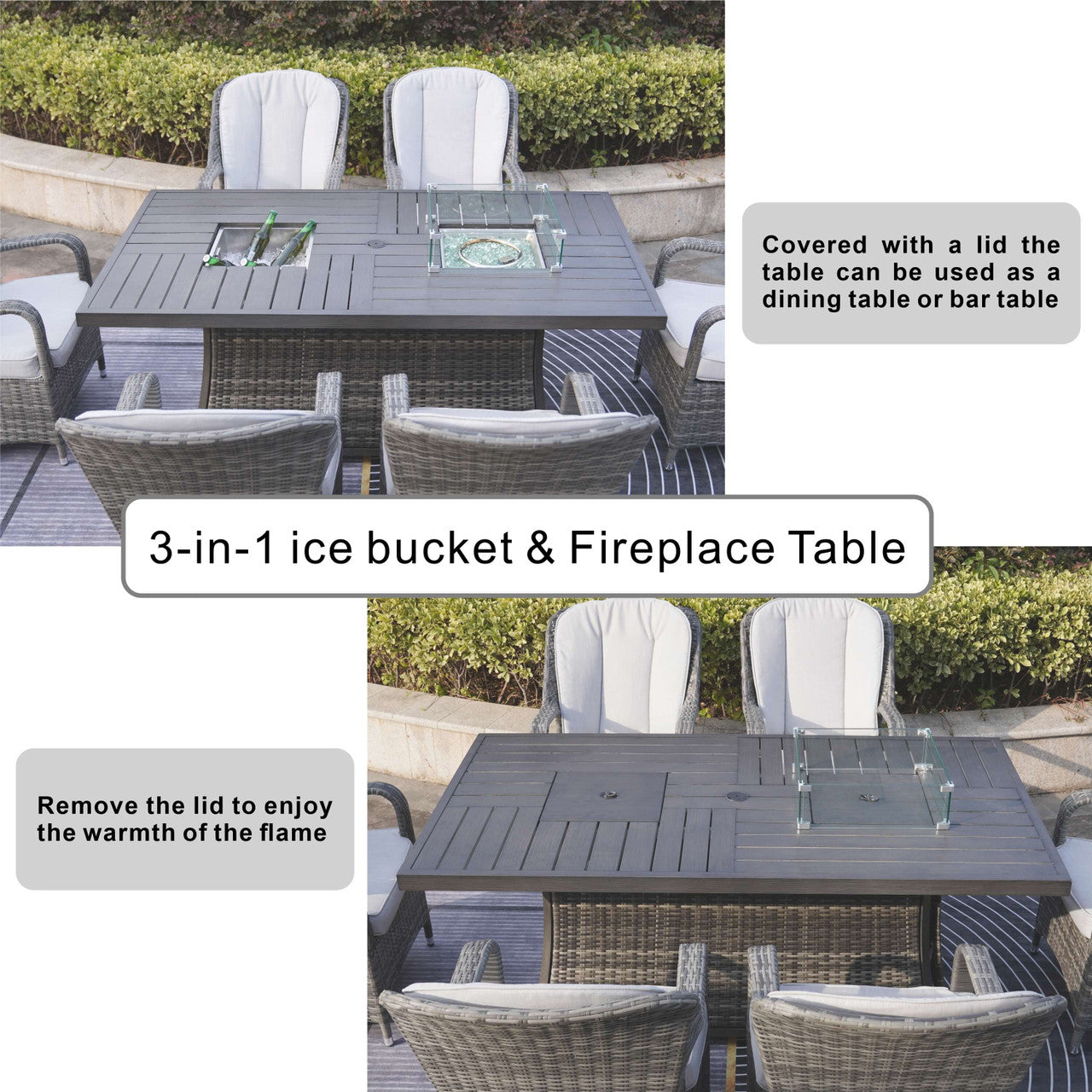 Direct Wicker 6 Seats Rectangular Fire Pit Tables with Fire & Ice Options