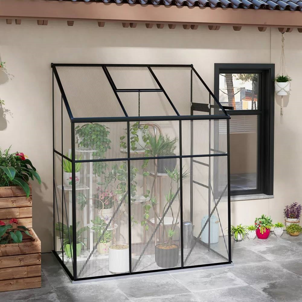 Fast Furnishings 6.3 ft x 4.1 ft Outdoor Polycarbonate Lean-to Greenhouse with Black Metal Frame