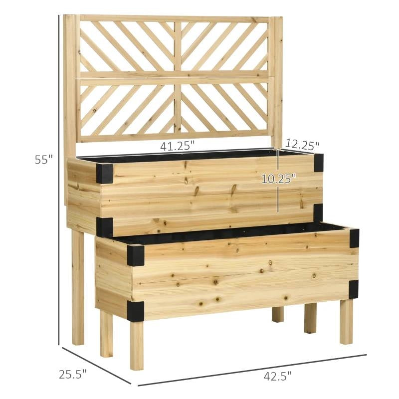 Fast Furnishings 2 Tier Self Draining Natural Wood Raised Garden Bed Planter Box with Trellis