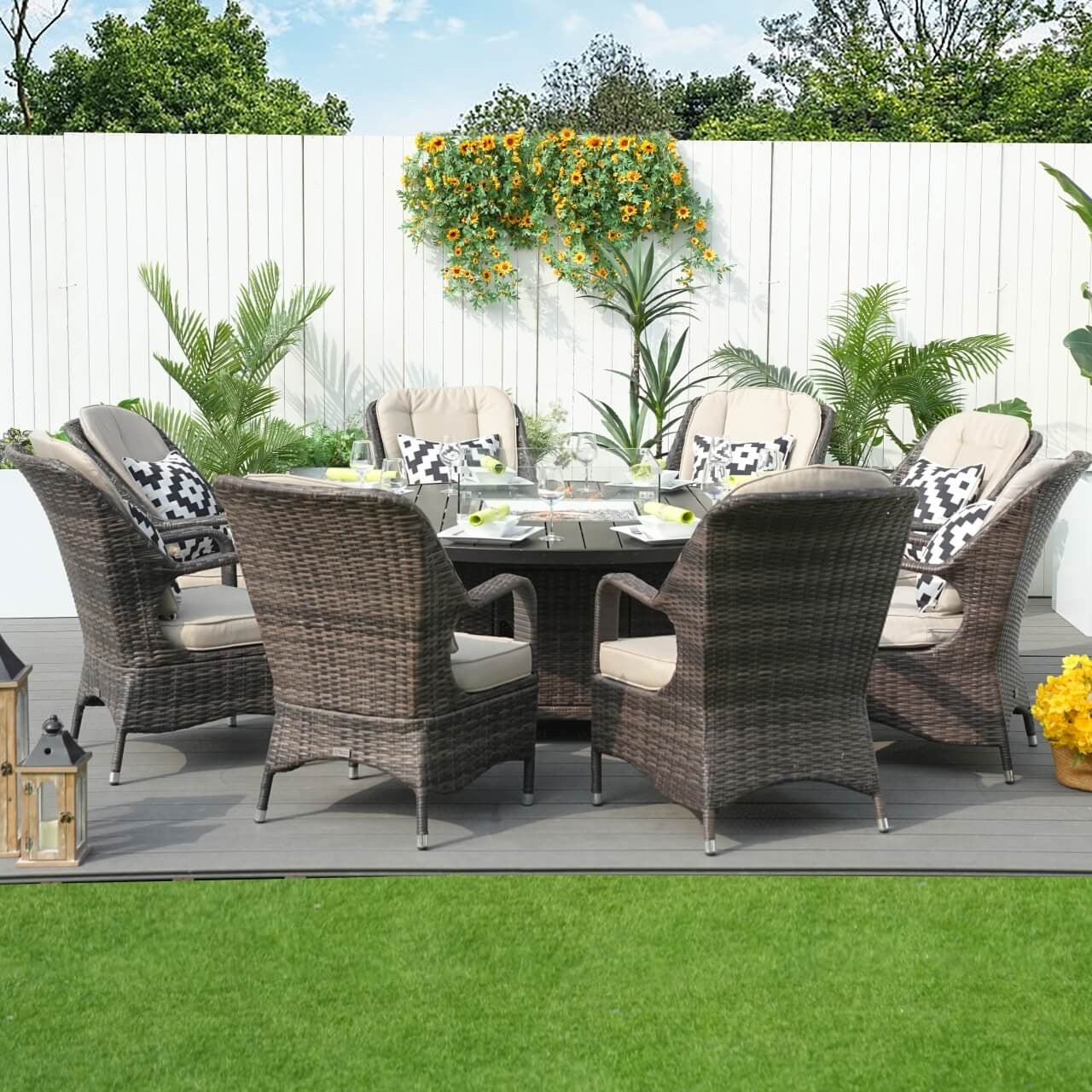 Direct Wicker's 8 Seats Round Fire Pit Set with Aluminium Tabletop & Rattan Chairs PAG-1108A