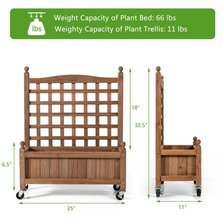 Fast Furnishings Solid Fir Wood Outdoor Raised Garden Bed Planter Box Cart on Wheels with Trellis