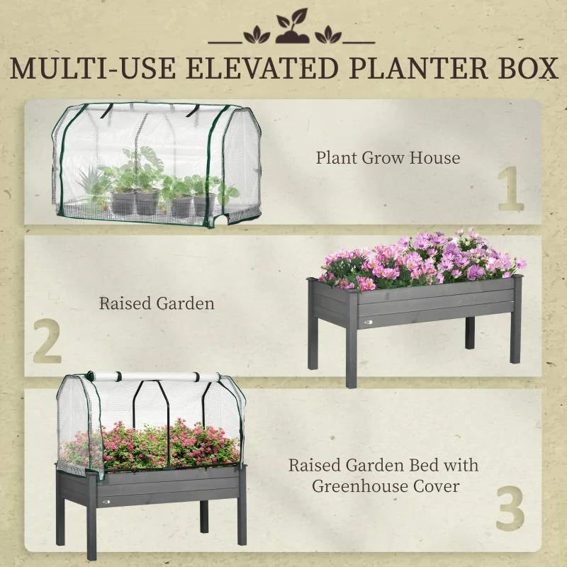 Fast Furnishings Grey Wood Elevated Raised Garden Bed Planter with Greenhouse Cover