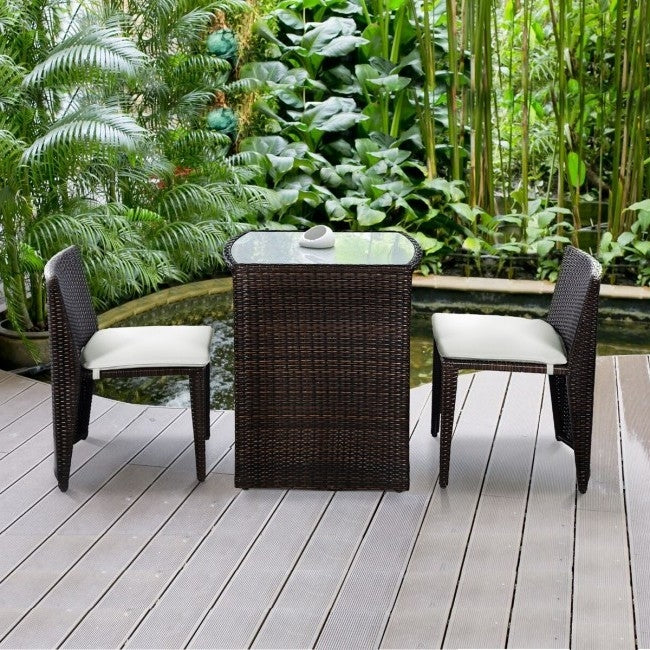 Fast Furnishings 3 Piece Compact Espresso/White Wicker Patio Cushioned Outdoor Chair Table Set