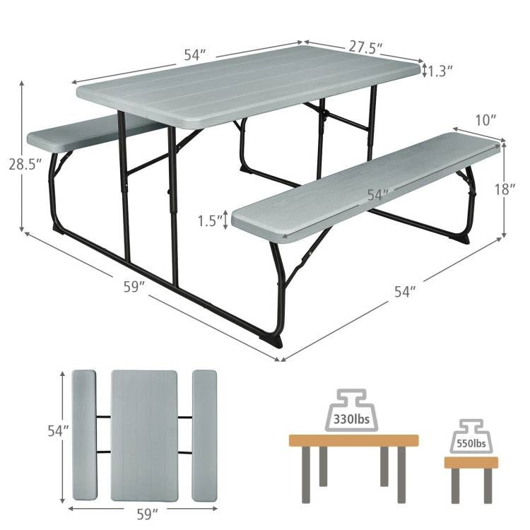 Fast Furnishings Grey Folding Picnic Table with 2 Benches Outdoor Patio Dining Set