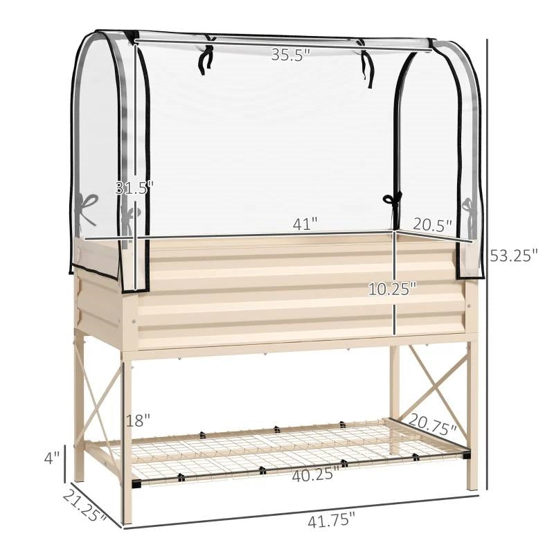 Fast Furnishings Cream Elevated Metal Raised Garden Bed w/ Greenhouse Cover