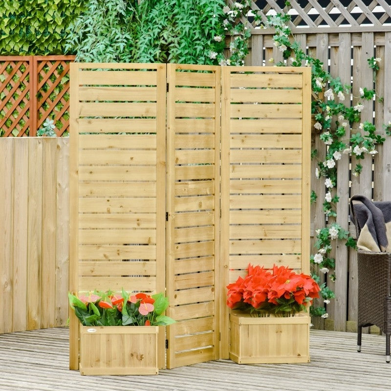 Fast Furnishings 3 Panel Fir Wood Outdoor Privacy Screen with 4 Garden Bed Planters