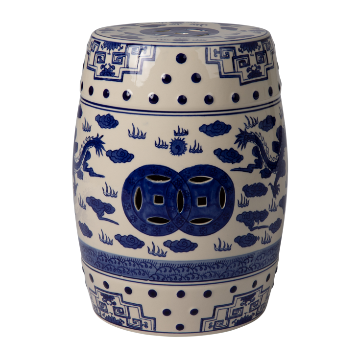 Well Traveled Living Double-Medallion Dragon-Embellished Ceramic Indoor/Outdoor Garden Stool/Table in Blue & White