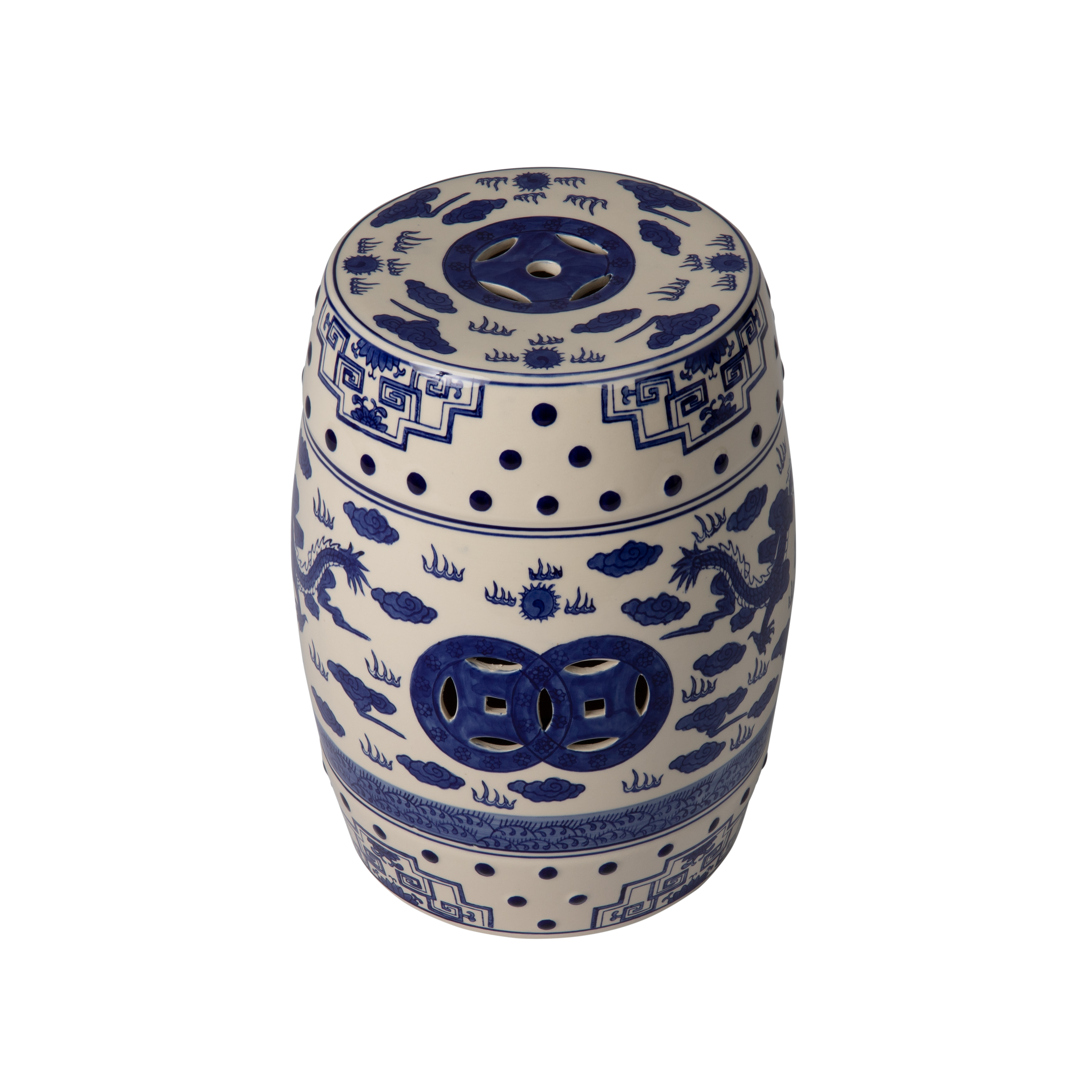 Well Traveled Living Double-Medallion Dragon-Embellished Ceramic Indoor/Outdoor Garden Stool/Table in Blue & White