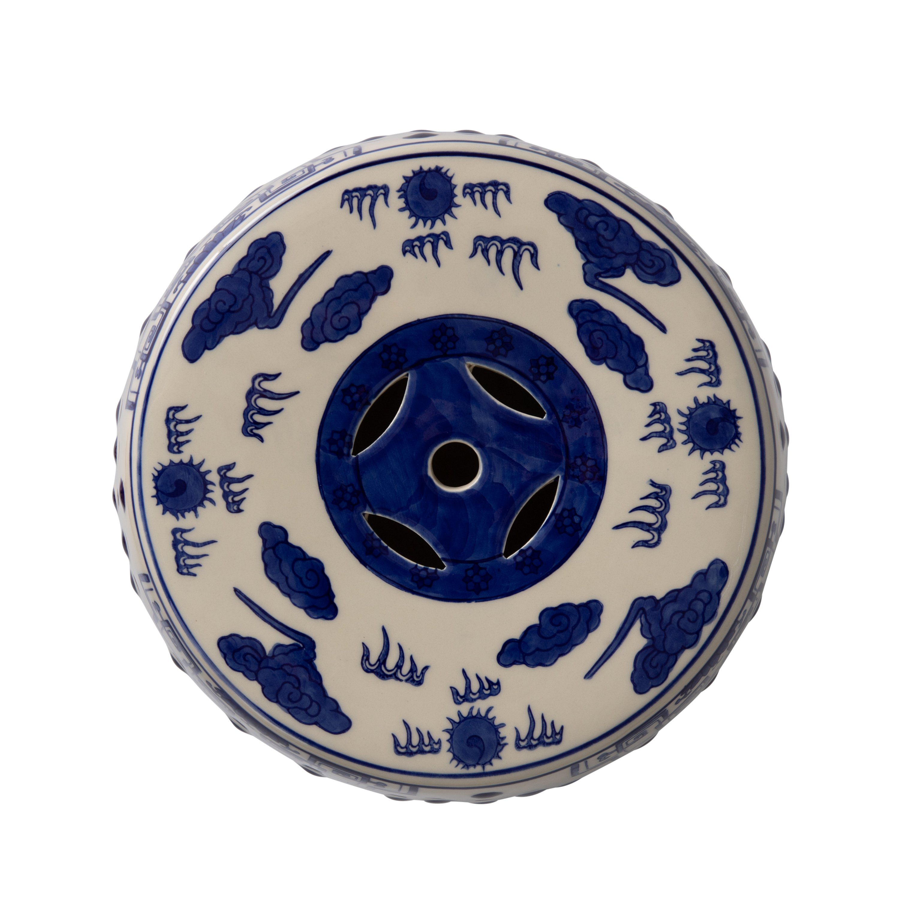 Well Traveled Living Double-Medallion Dragon-Embellished Ceramic Indoor/Outdoor Garden Stool/Table in Blue & White