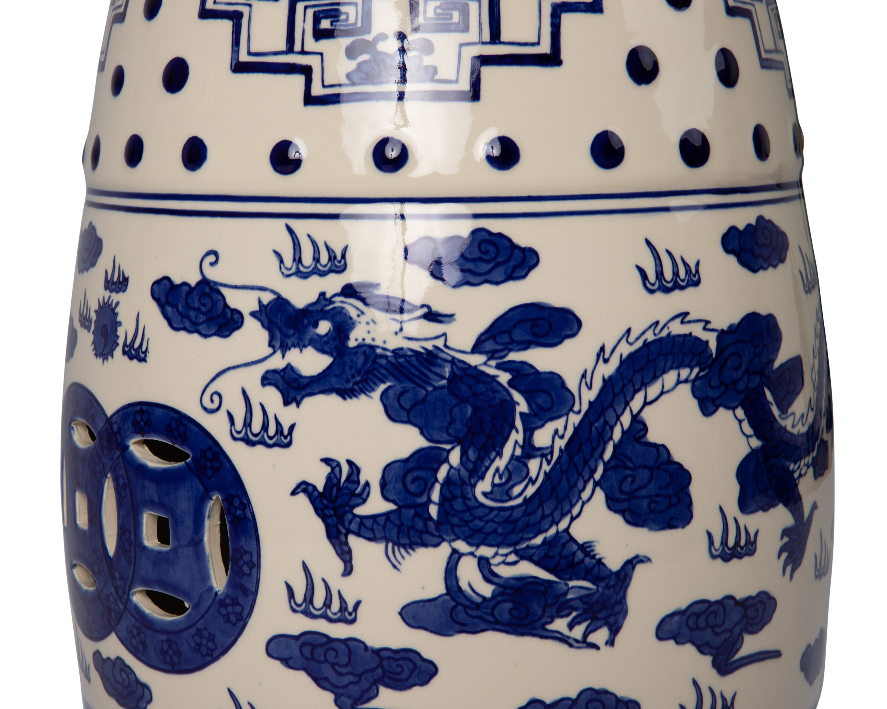 Well Traveled Living Double-Medallion Dragon-Embellished Ceramic Indoor/Outdoor Garden Stool/Table in Blue & White