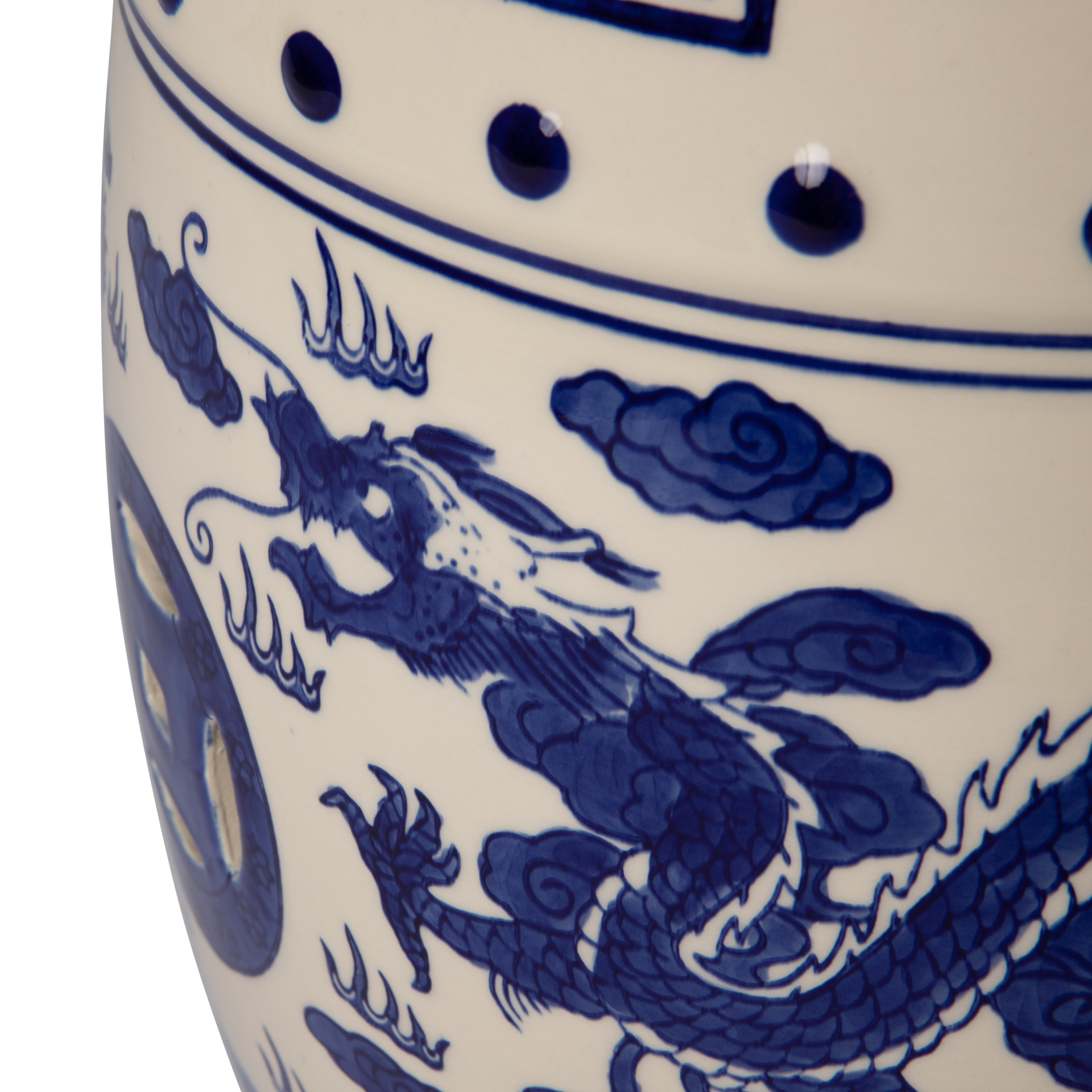 Well Traveled Living Double-Medallion Dragon-Embellished Ceramic Indoor/Outdoor Garden Stool/Table in Blue & White