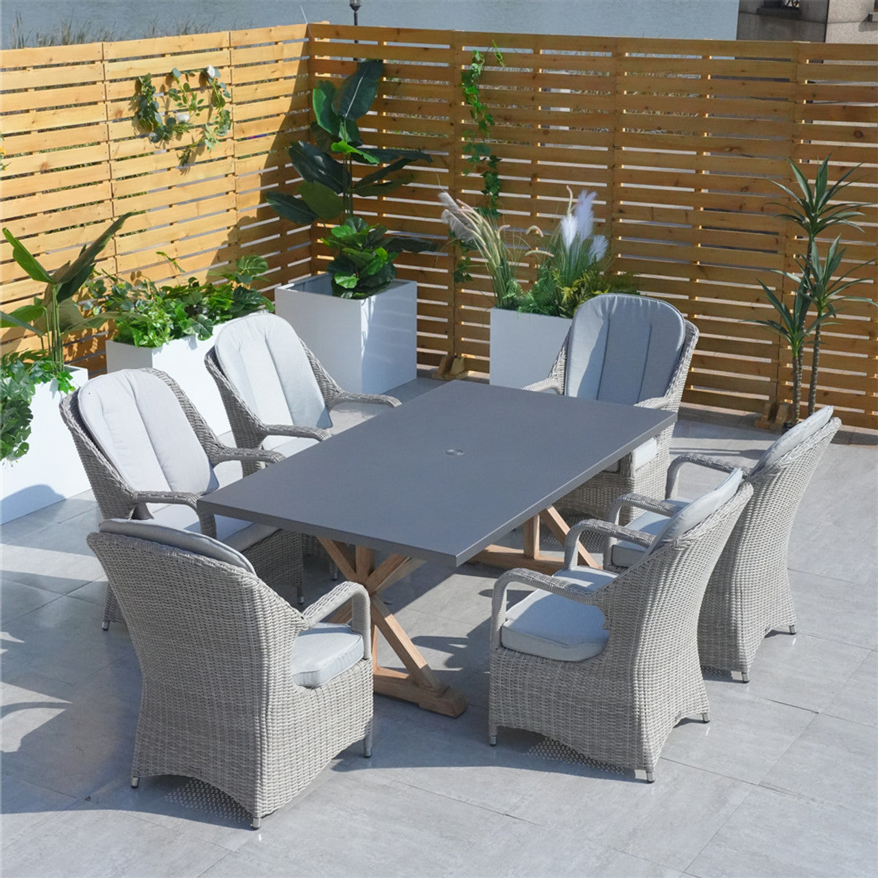 Direct Wicker Outdoor Dining Set Aluminum Table with 6 Rattan Chairs in Gray