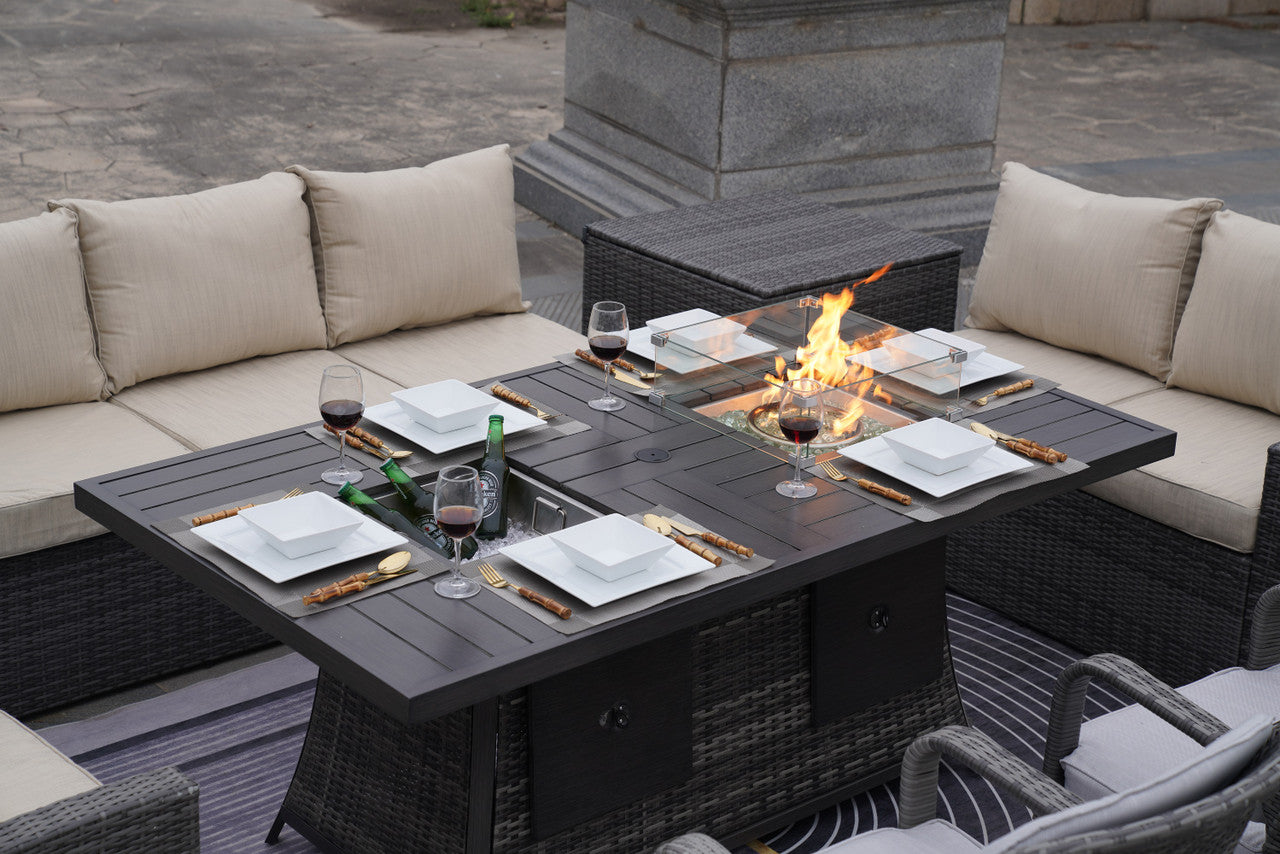 Direct Wicker 7-Piece Patio Gray Rattan Firepit Dining Table Set with Ice Bucket