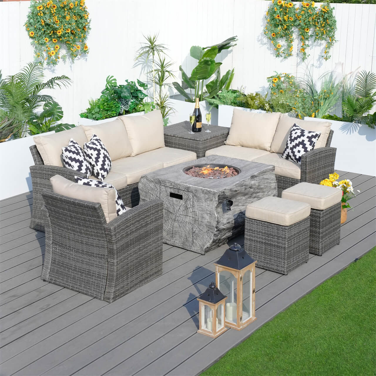 Direct Wicker's Patio Seating Sofa Set with Grain Fire Pit Table for Ultimate Comfort and Style