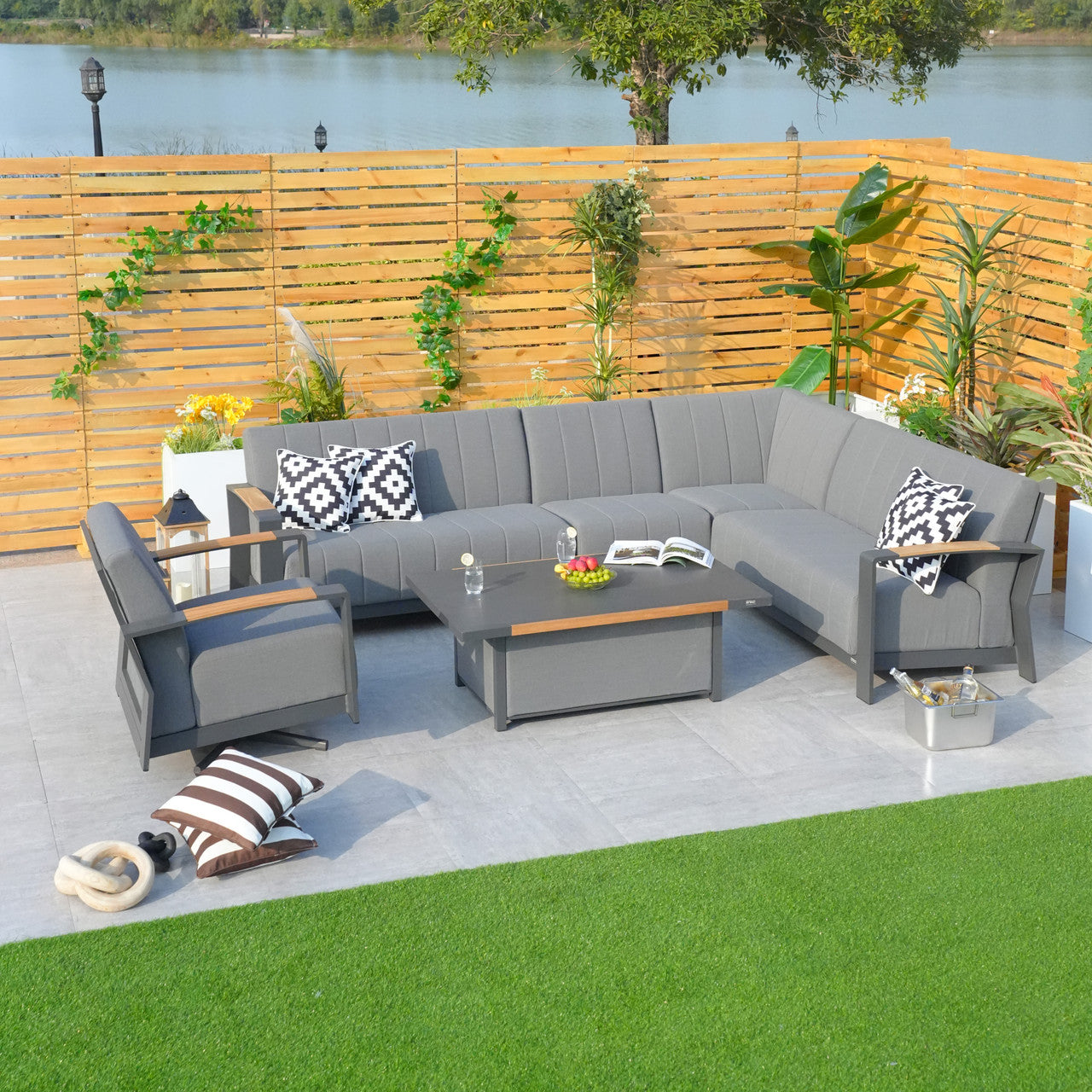 Direct Wicker Dark Gray Patio Seating Sofa Set with Aluminum Table and Cushions