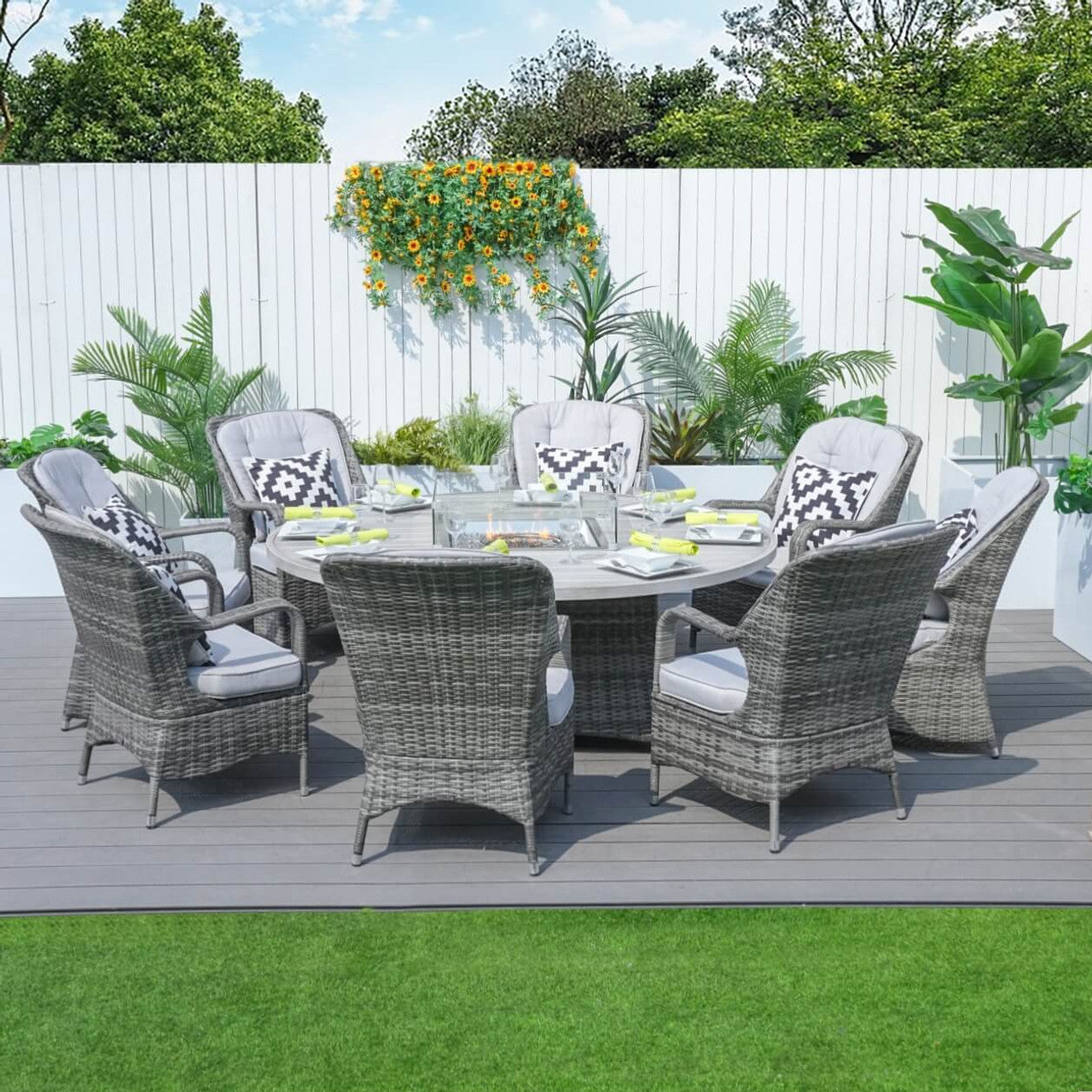 Direct Wicker's 8 Seats Round Fire Pit Set with Aluminium Tabletop & Rattan Chairs PAG-1108A