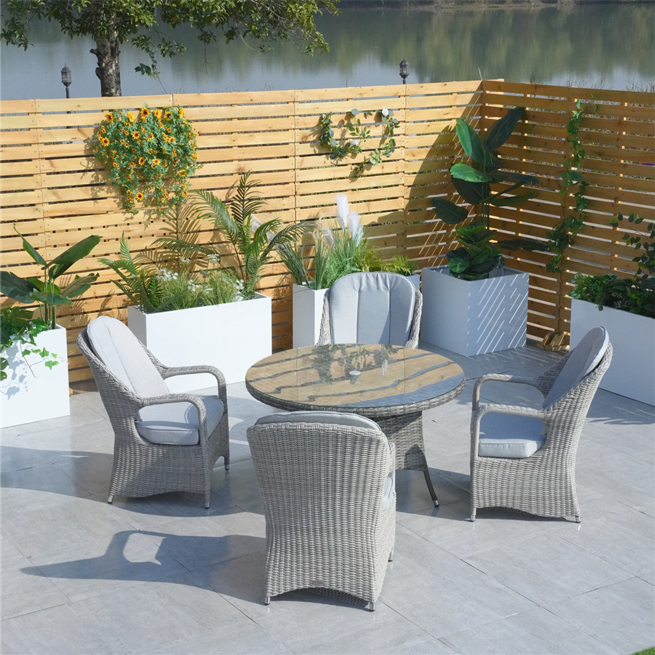 Direct Wicker Patio Wicker Dining Set with Round Table and Semi-circular Rattan Chairs