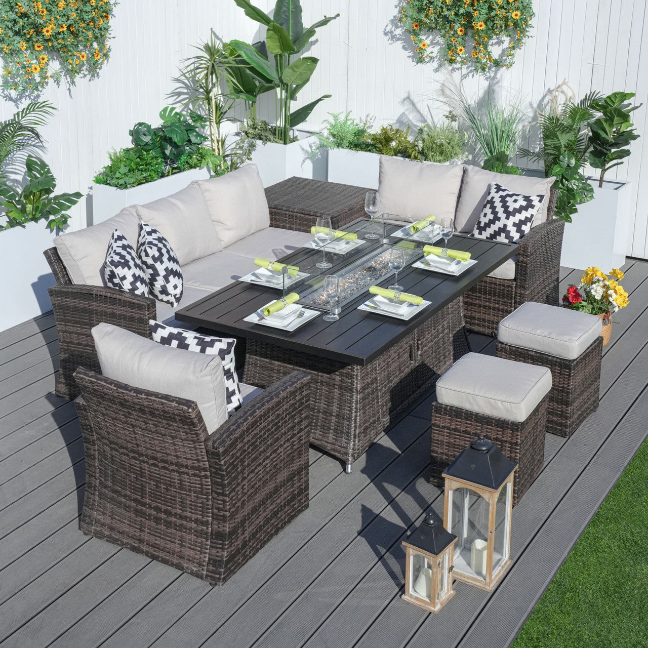 Direct Wicker 7-Piece Brown Wicker Patio Seating Rectangle Firepit Table Sofa Set