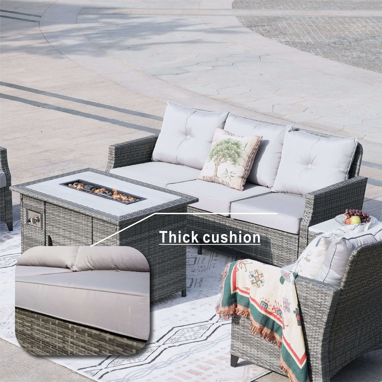 Direct Wicker 5-Piece Outdoor Patio Fire Pit Set Fire Pit Table with Seating Sofas in Gray