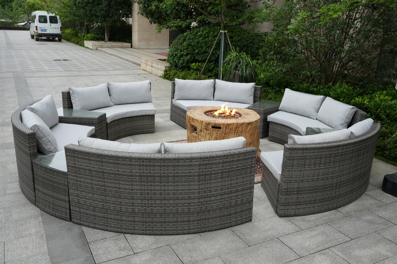 Direct Wicker Patio Half Moon Gray Wicker Seating Set with Round Grain Firepit